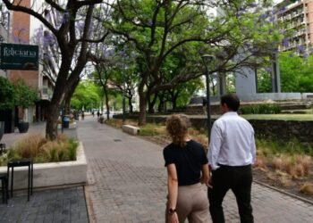 nueva peatonal ayacucho con jacarandás y mobiliario urbano